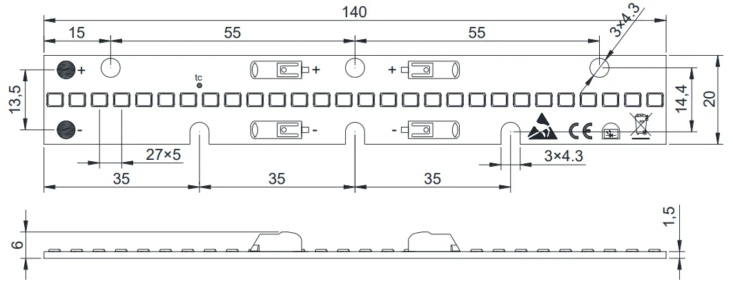 Drawing for 140mm 28LEDs LED module