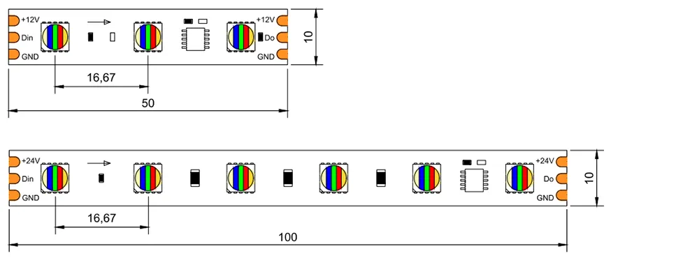 dimension of Pixel Chasing RGBWW LED strip 12V24V 60LED