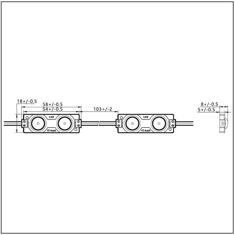 drawing of LED module 12V 2LEDs 2835SMD